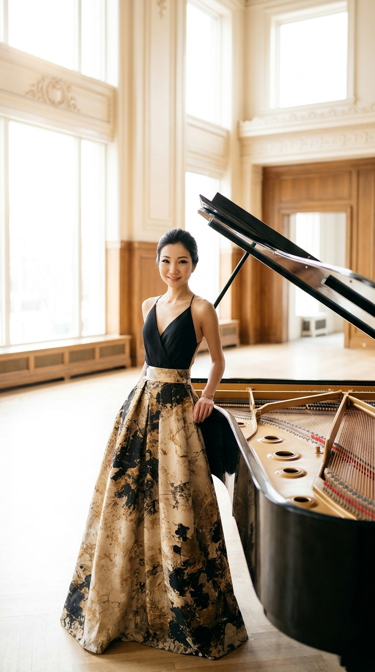 Kyungmi Nam, Founder and Creative Director, standing beside a grand piano.