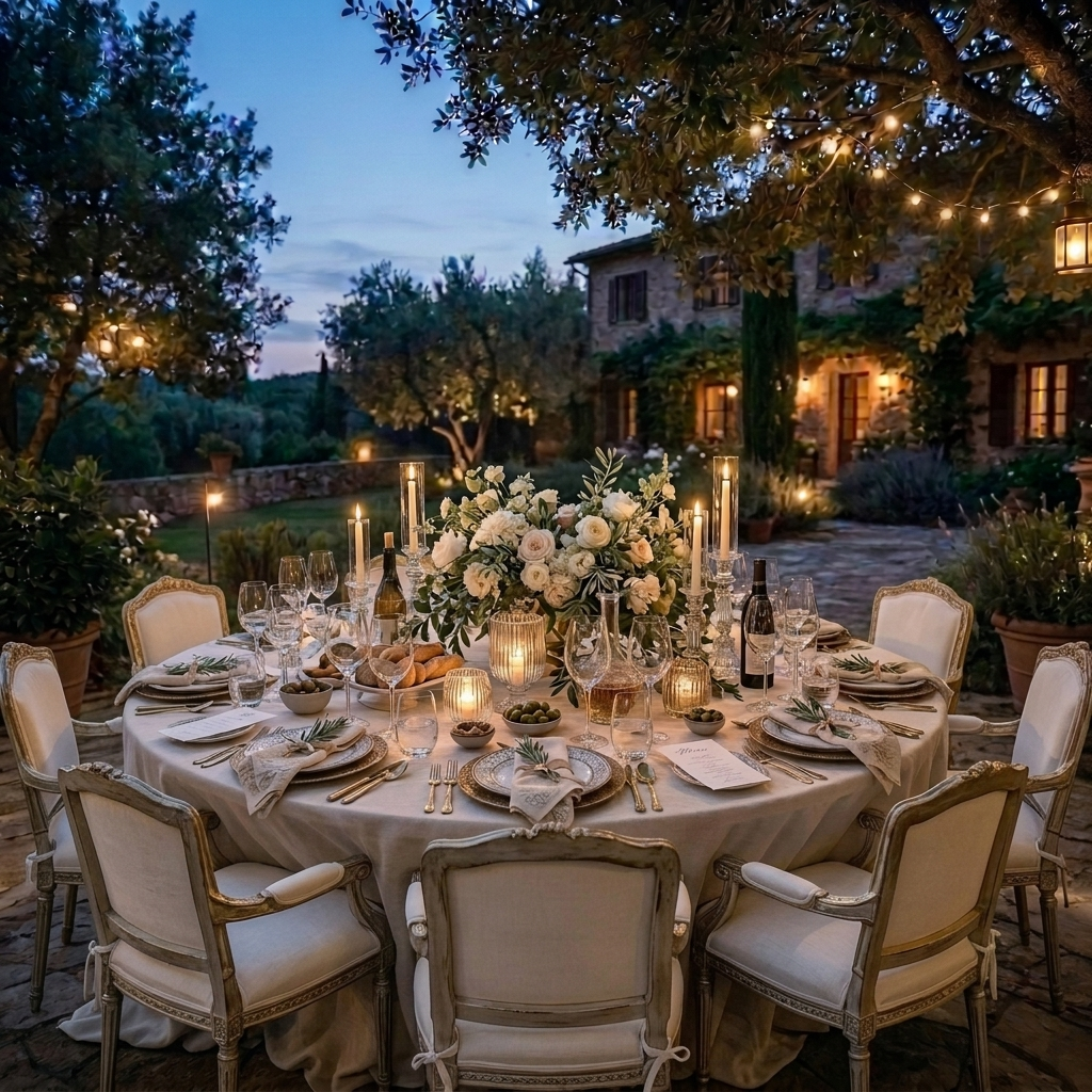 Guests gathered around an elegantly set dinner table at dusk.